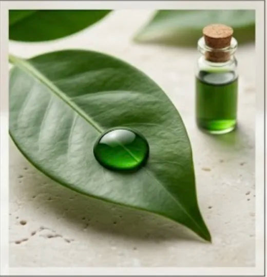 Una gota verde sobre una hoja, junto a un frasco de clorofila