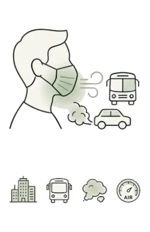 Persona con tapabocas entre buses y carros