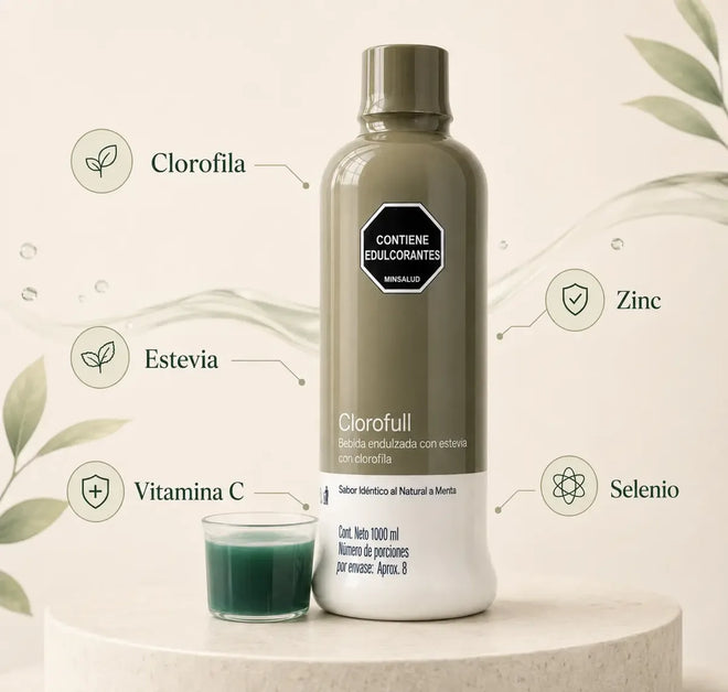 Botella de Clorofull con sus ingredientes señalados: clorofila, estevia, vitamina C, zinc y selenio