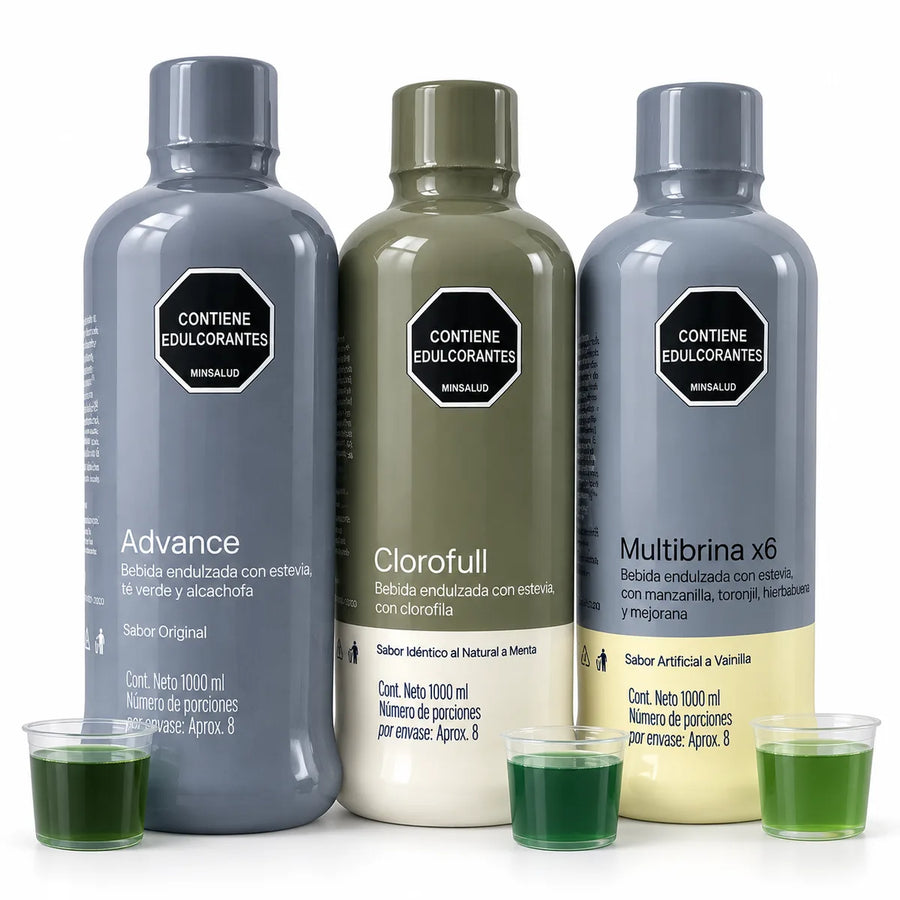 Kit Día Liviano: las botellas de Advance, Clorofull y Multibrina de 1 litro con sus tres vasos medidores servidos