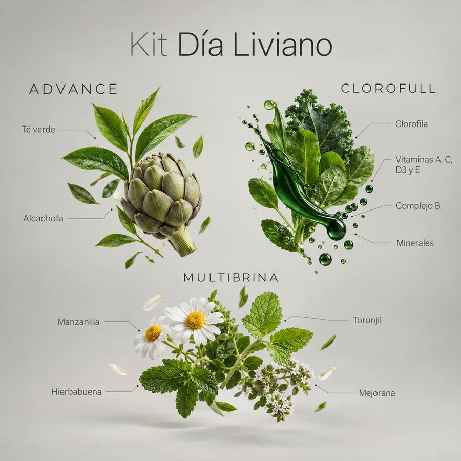 Ingredientes del Kit Día Liviano: té verde y alcachofa de Advance; clorofila, vitaminas y minerales de Clorofull; manzanilla, toronjil, hierbabuena y mejorana de Multibrina
