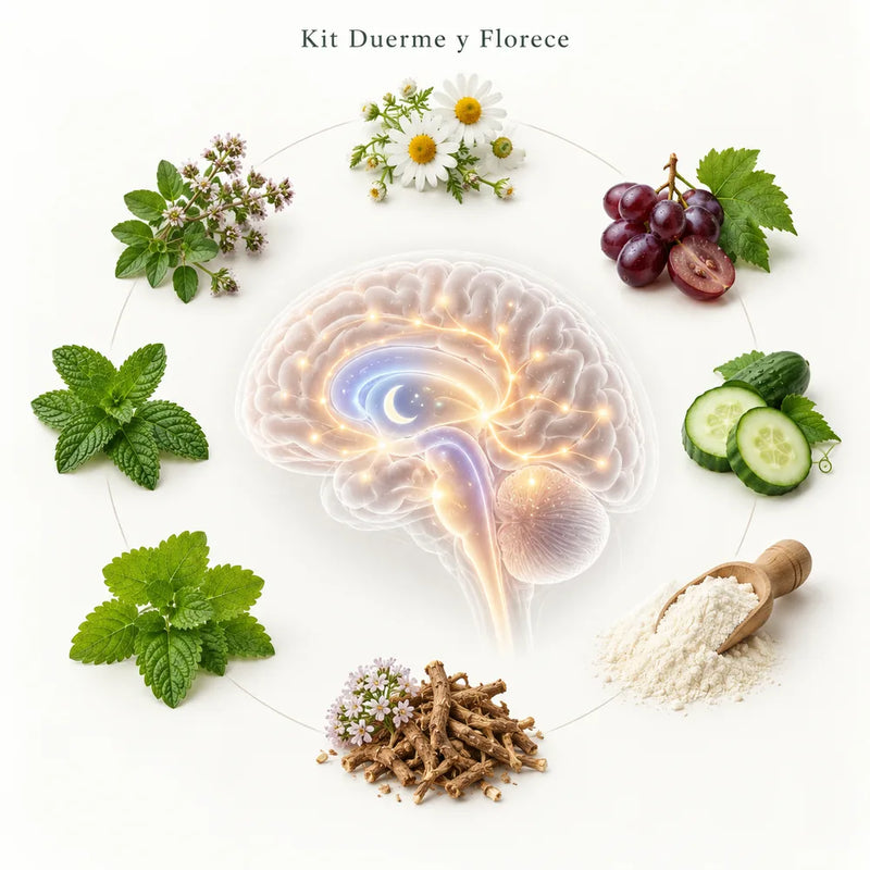 Lámina del Kit Duerme y Florece: el descanso rodeado de manzanilla, toronjil, hierbabuena, mejorana, valeriana, colágeno, pepino y uvas