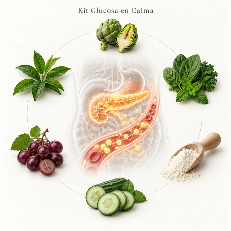 Lámina del Kit Glucosa en Calma: el páncreas y el torrente sanguíneo rodeados de alcachofa, verdes, pepino, colágeno, uvas y té verde