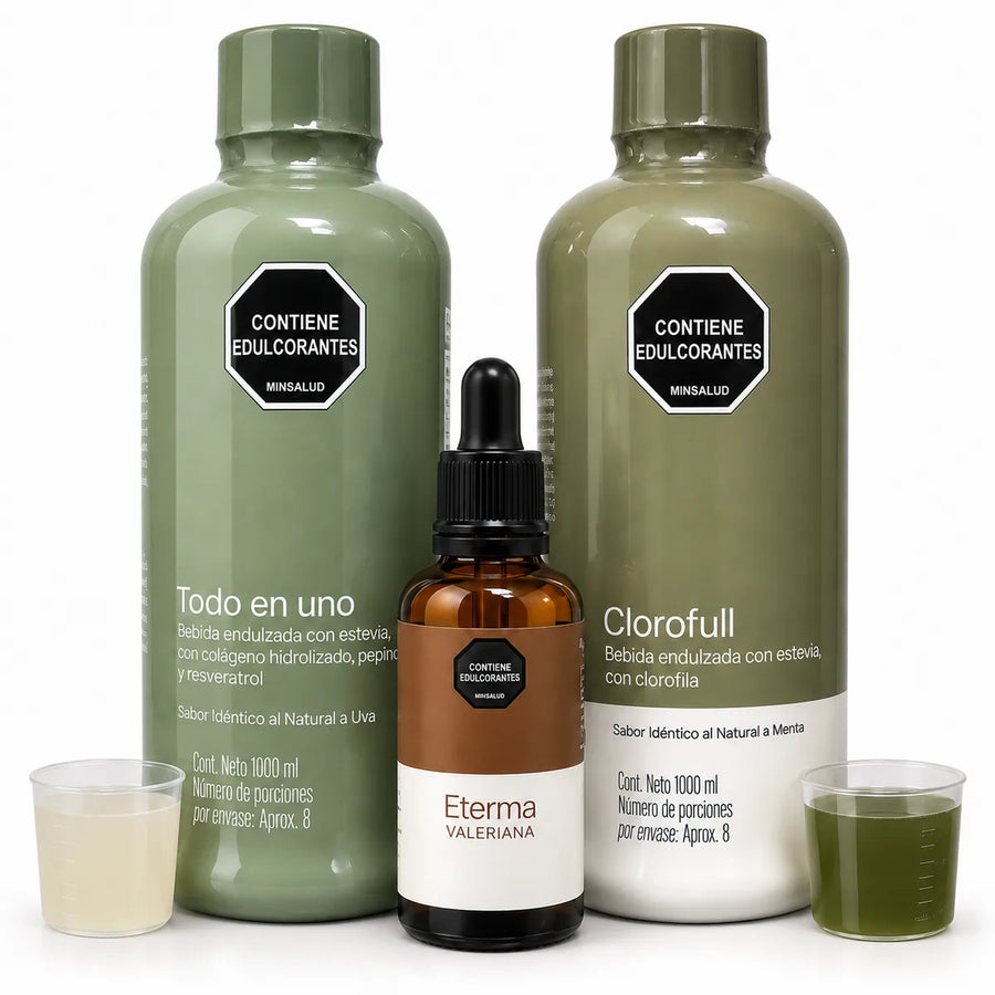 Kit Piel Viva: las botellas de Todo en uno y Clorofull de 1 litro con sus vasos medidores y el frasco de Valeriana en gotas