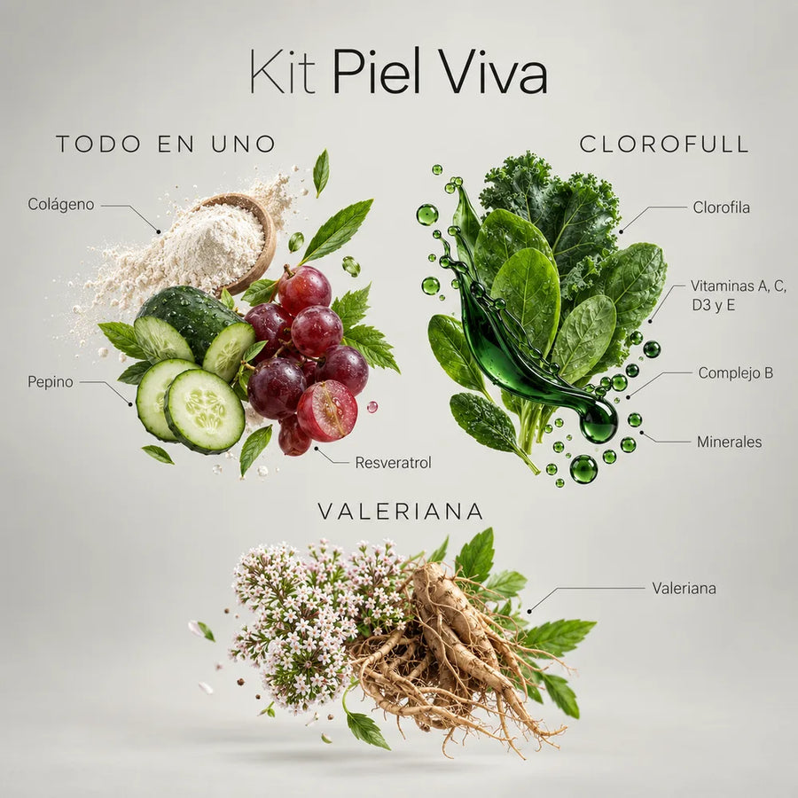 Ingredientes del Kit Piel Viva: colágeno, pepino y resveratrol de Todo en uno; clorofila, vitaminas y minerales de Clorofull; raíz de valeriana
