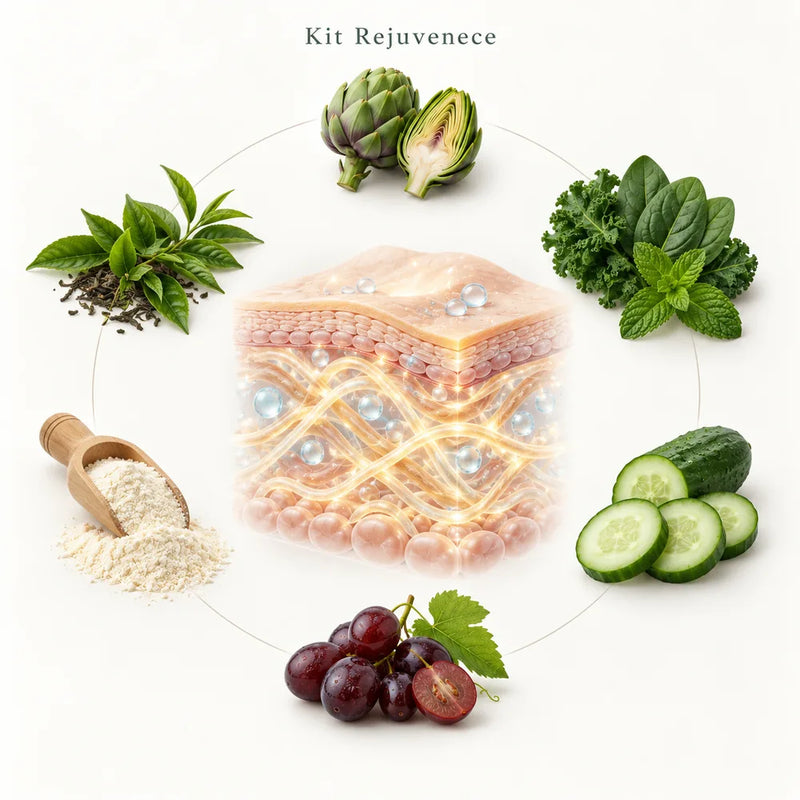Lámina del Kit Rejuvenece: las capas de la piel rodeadas de alcachofa, verdes, pepino, colágeno, uvas y té verde