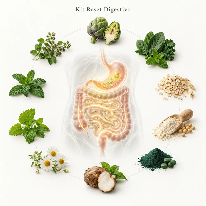 Lámina del Kit Reset Digestivo: el sistema digestivo rodeado de avena, glucomanano, hierbabuena, manzanilla, alcachofa y espinaca