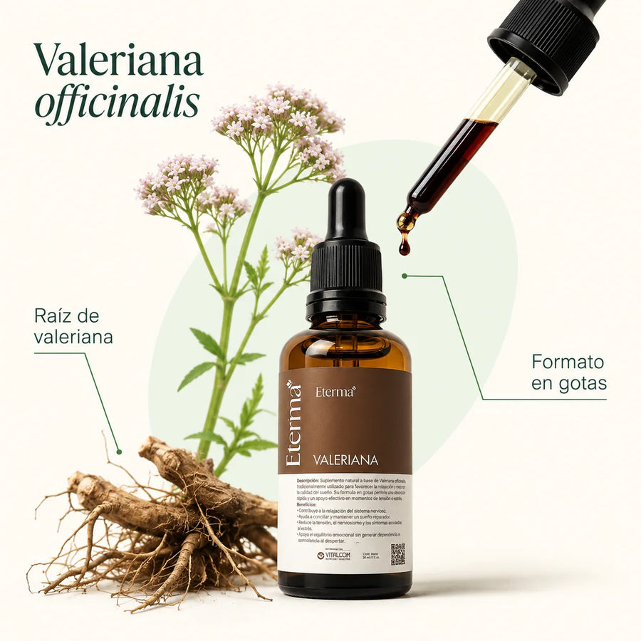 Frasco de Valeriana Eterma, raíz de valeriana y formato en gotas